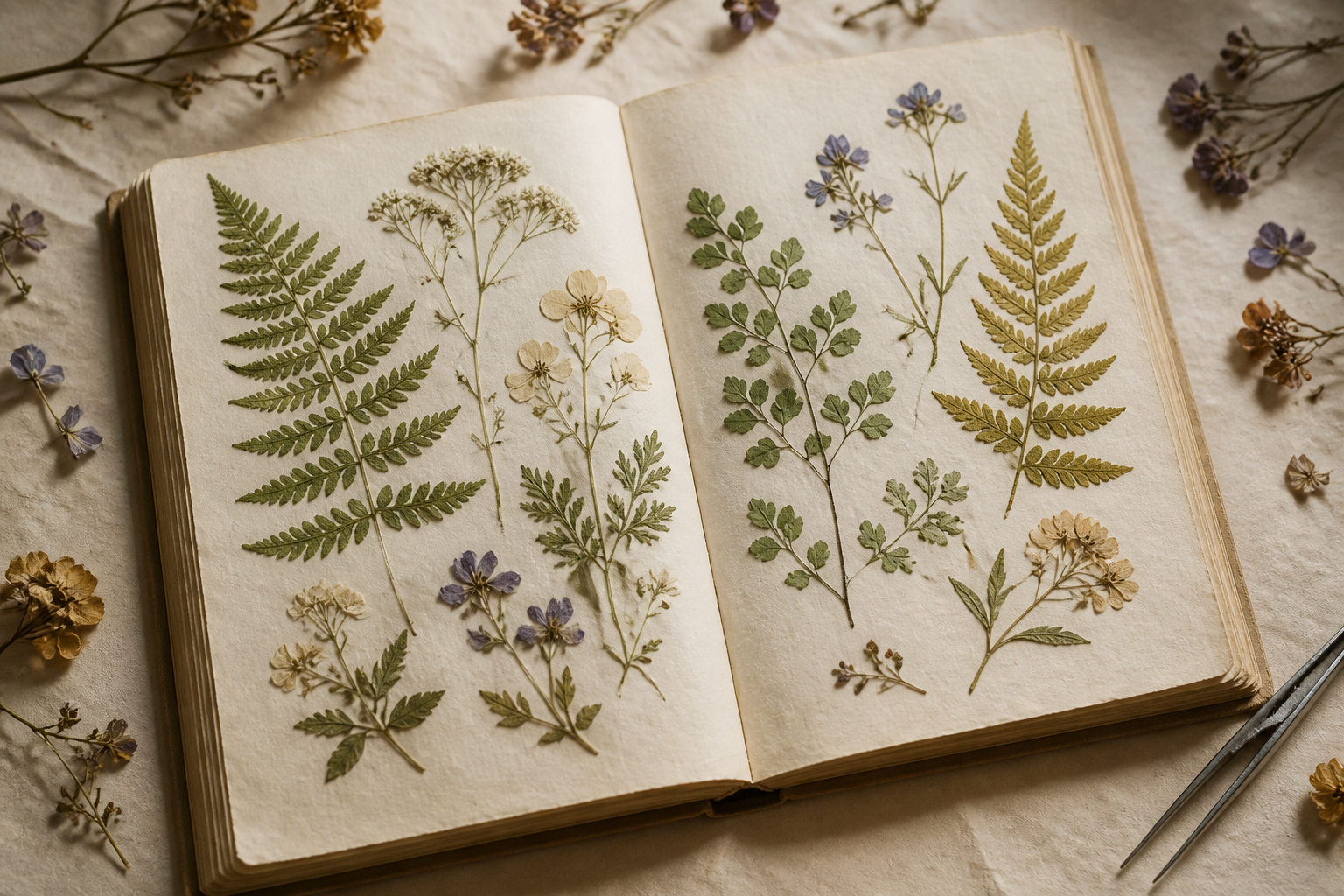 Persönliches Herbarium mit beschrifteten gepressten Pflanzen