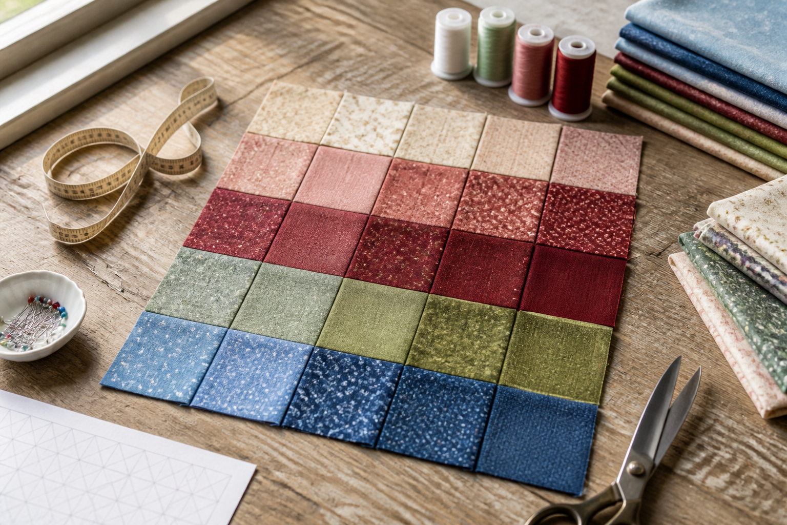 Patchwork für Anfänger mit Stoffquadraten und Nähzubehör