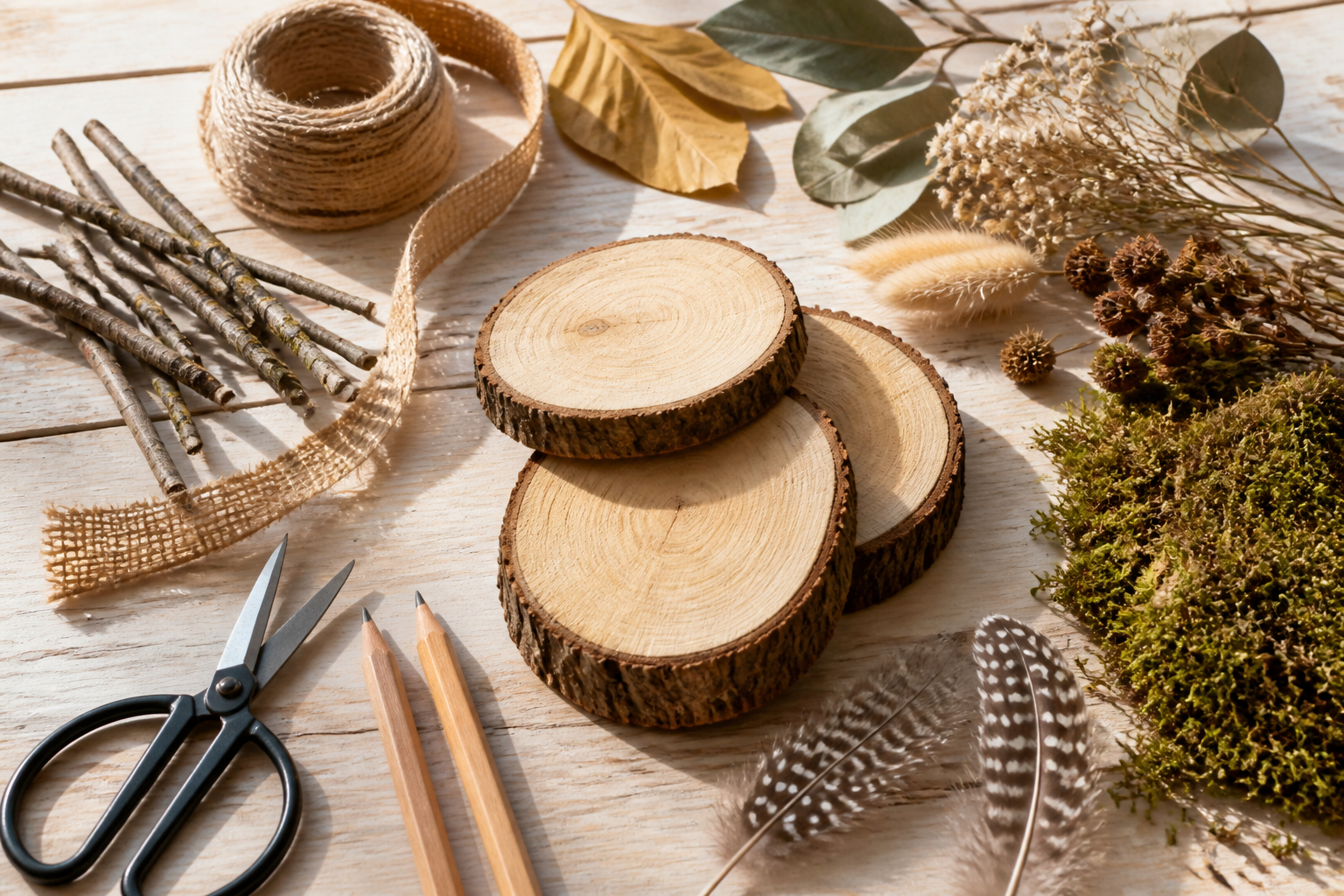 Naturmaterialien und Bastelzubehör für selbstgemachte Platzkarten