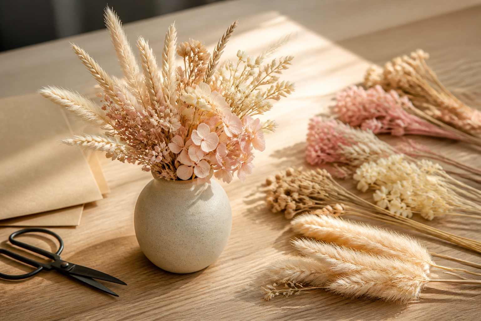 Sortierte rosa Trockenblumen für DIY Dekoration und kleine Arrangements
