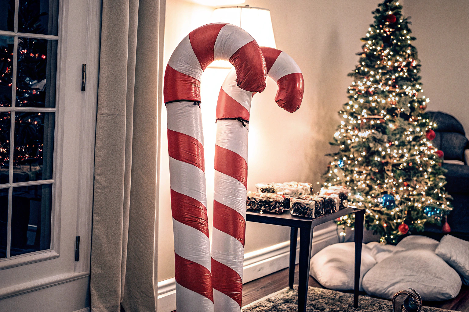 Aufblasbare Zuckerstangen als auffällige Dekoration auf einer Weihnachtsfeier Aufblasbare Zuckerstangen als Dekor