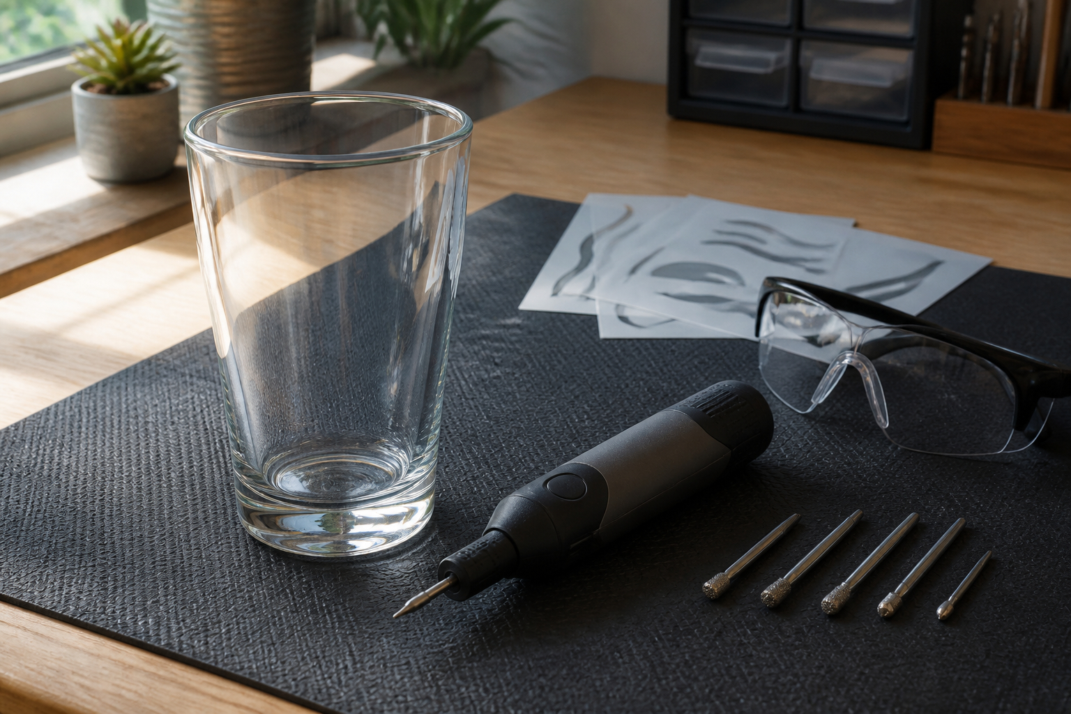 Grundausstattung zum Glas gravieren mit Gravierstift und Schablone