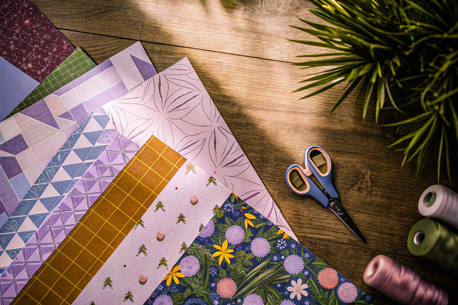 Bunte Blätter von Scrapbooking-Papier, die für kreative Projekte verwendet werden. Scrapbooking Papier