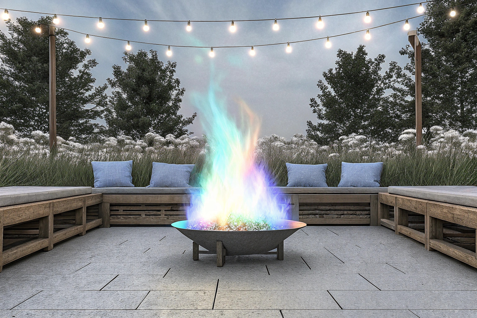 Bunte Flammen durch das Feuerfarben Pulver in einem Lagerfeuer, das bei einer Gartenparty verwendet wird. Bunte Flammen bei Gartenparty