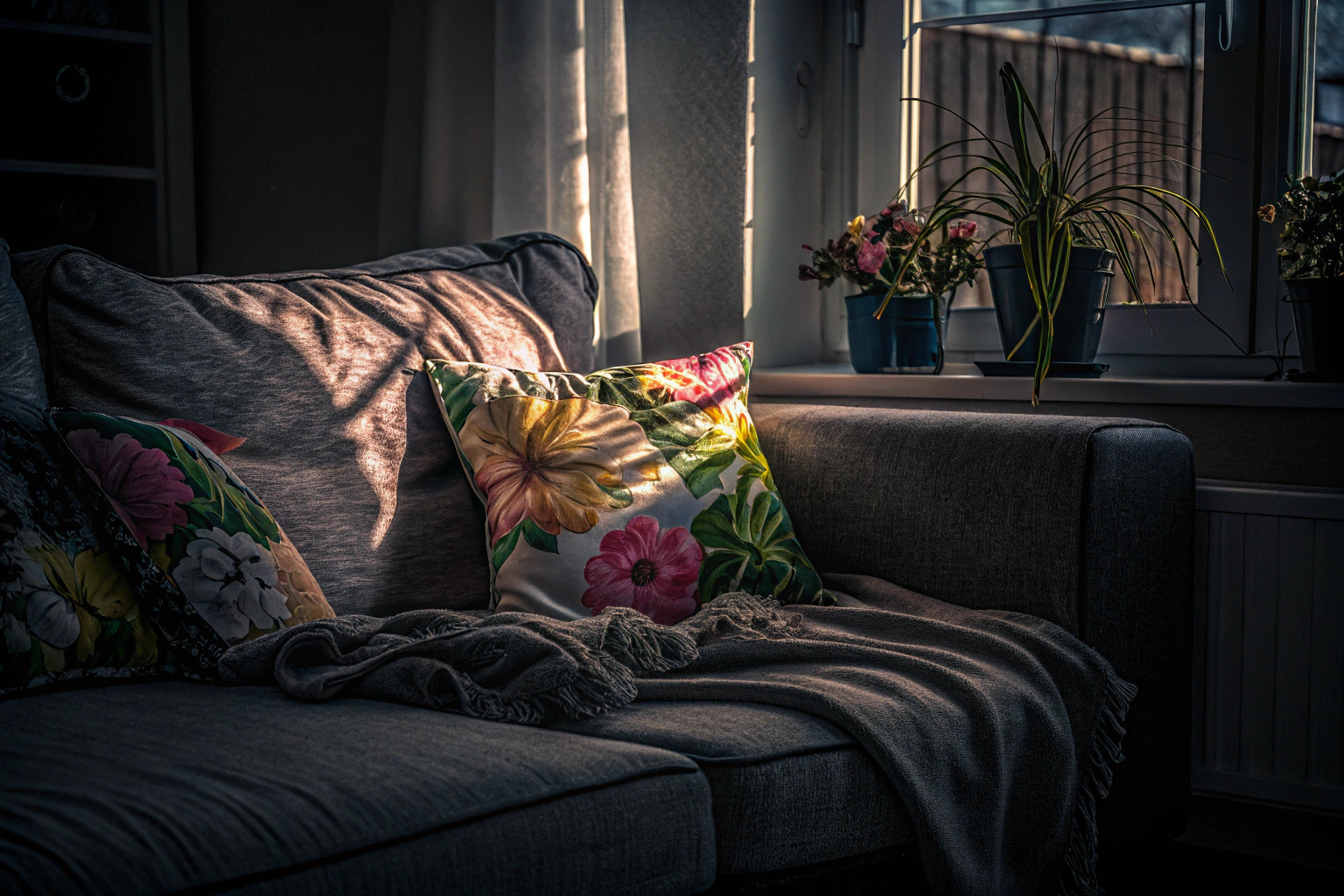 Bunte Kissen und Textilien auf einem Sofa, die dem Raum frühlingshafte Frische verleihen. Frühlingshafte Kissen und Textilien