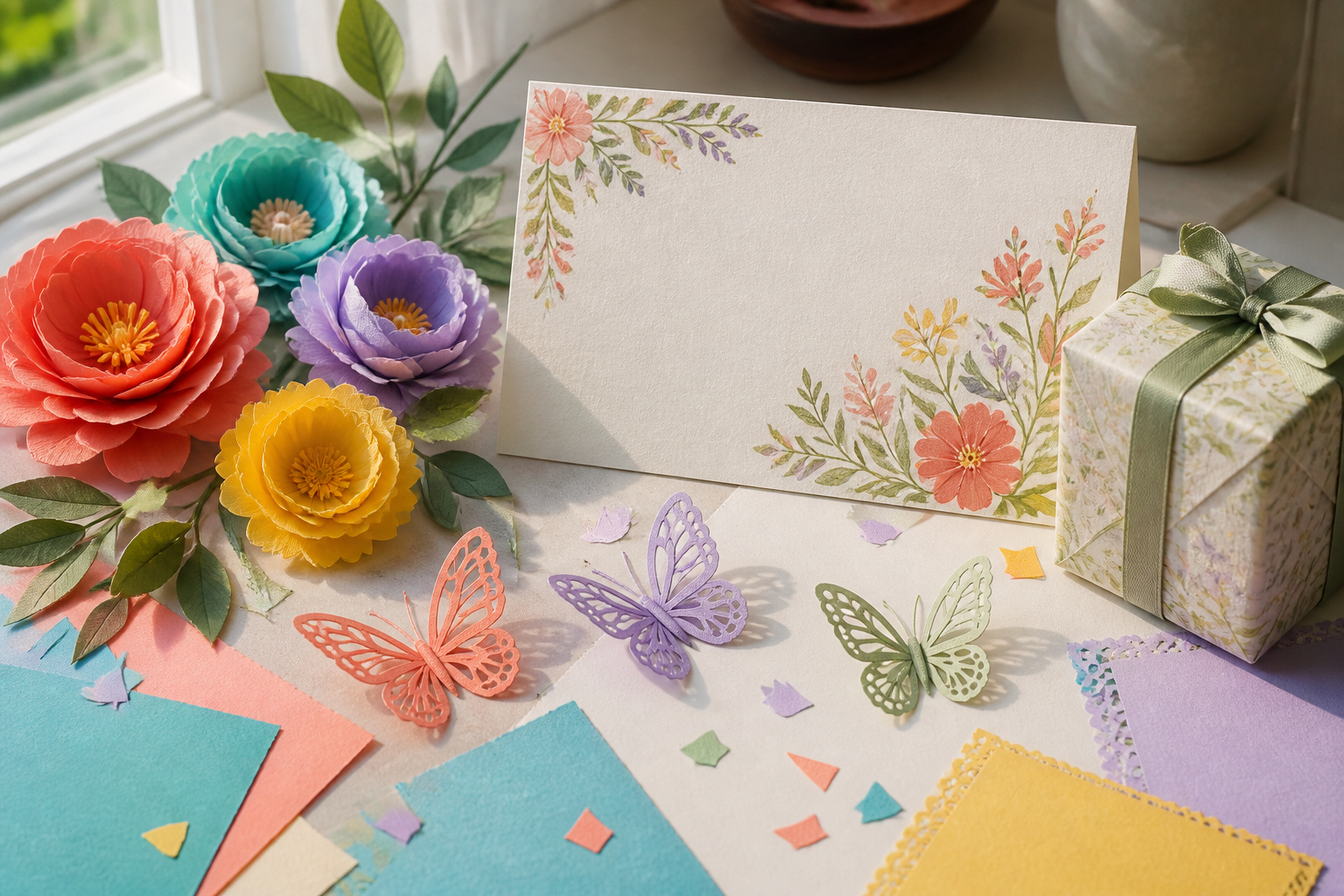 Papierblumen und Schmetterlinge für Karten und Geschenke
