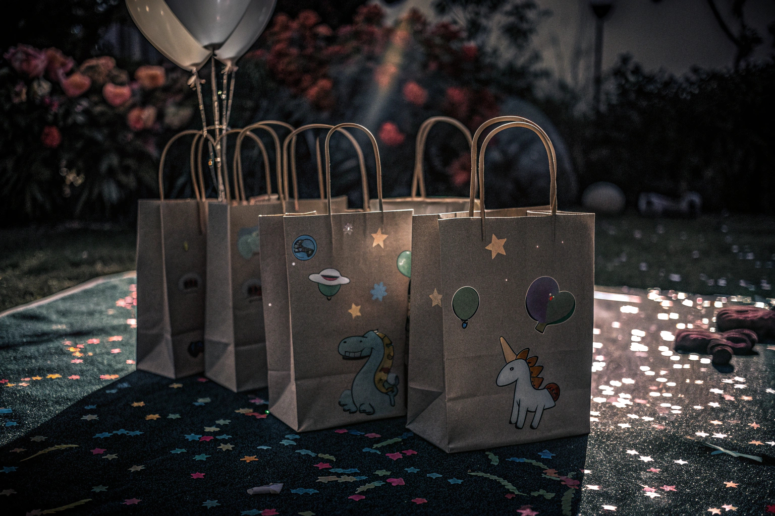 Bunte Papiertüten mit kleinen Geschenken und Aufklebern, bereit für den Kindergeburtstag. Papiertüten für Mitgebsel