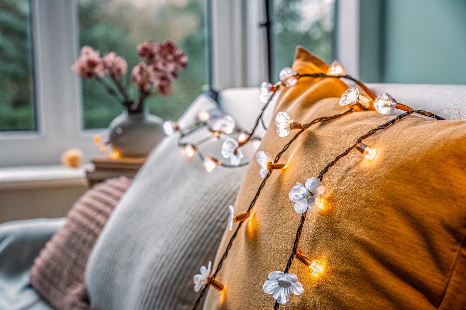 Detailaufnahme einer dekorativen Kirschblüten-Lichterkette, die einen Raum in warmes Licht taucht. Kirschblüten-Lichterkette für stimmungsvolle Beleuchtung