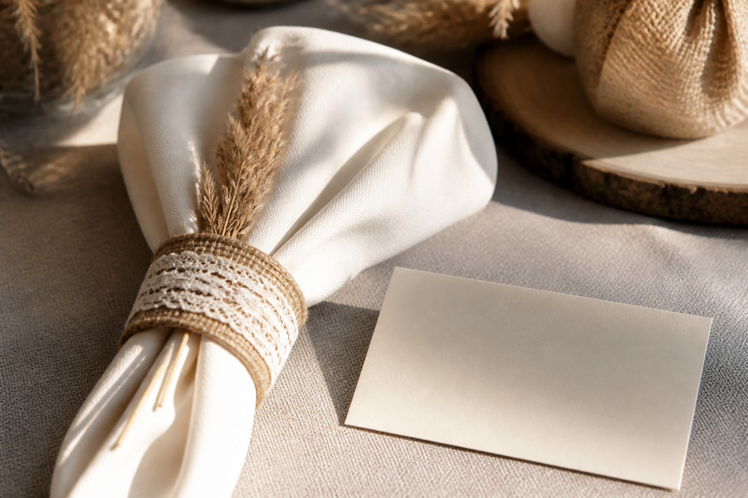 DIY-Hochzeitsdetail mit Juteband und Spitze im Boho-Stil