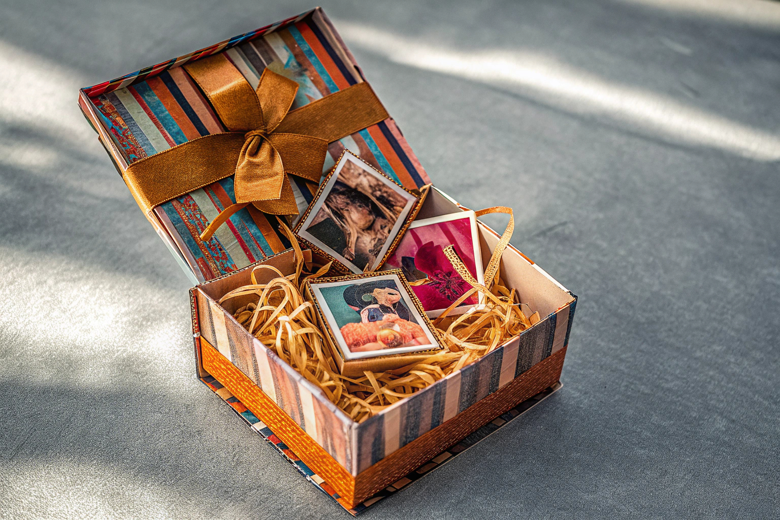 Detailaufnahme einer geöffneten Explosionsbox mit Fotos und kleinen Geschenken, die herausfallen. Explosionsbox mit Fotos und Geschenken
