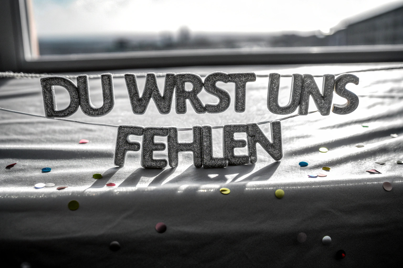 Detailaufnahme einer glitzernden Girlande mit der Aufschrift 'Du wirst uns fehlen'. Glitzernde Abschiedsgirlande