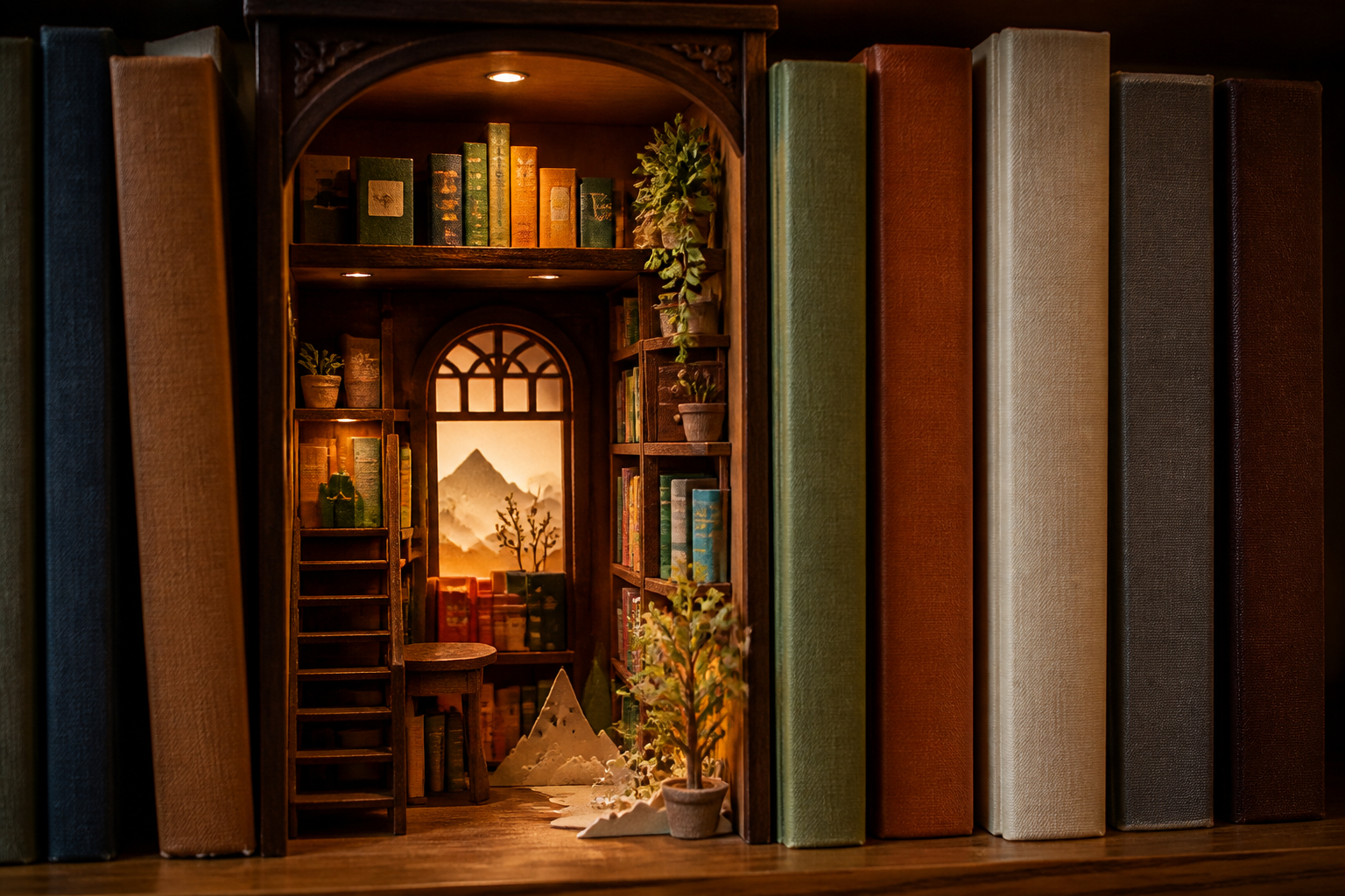 Book Nook individuell mit Miniaturbüchern dekoriert