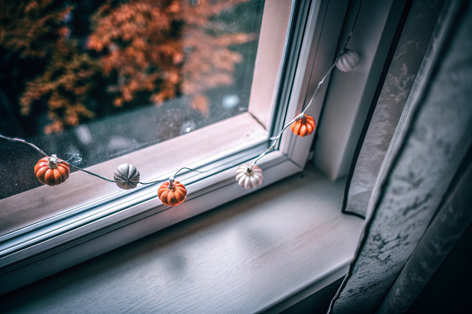 Detailaufnahme einer Mini Kürbis-Lichterkette im Fenster. Herbst Mini Kürbis-Lichterkette