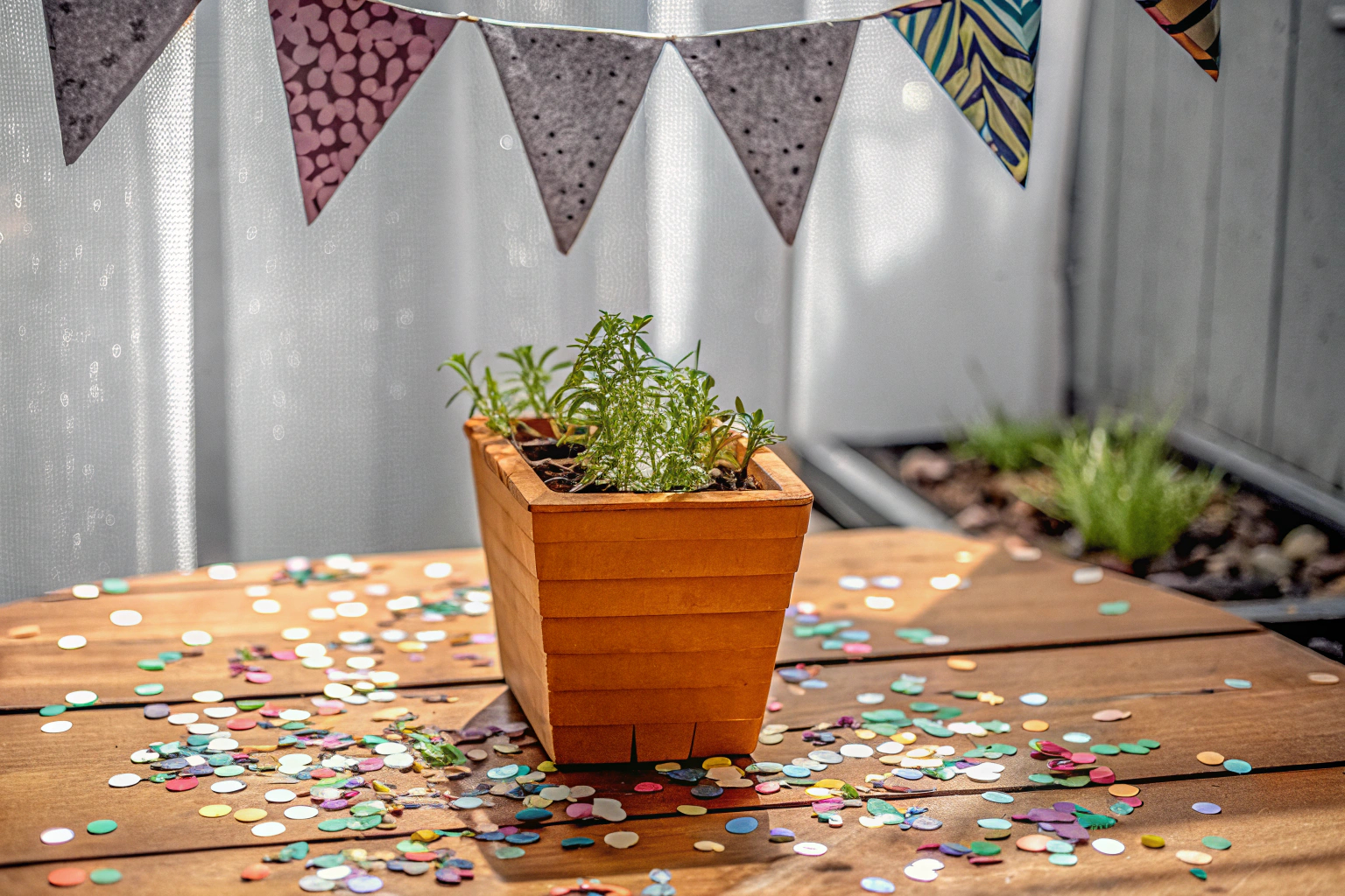 Detailaufnahme einer nachhaltigen Geburtstagsparty mit Holzkonfetti und Papiergirlanden. Nachhaltige Geburtstagsparty Deko
