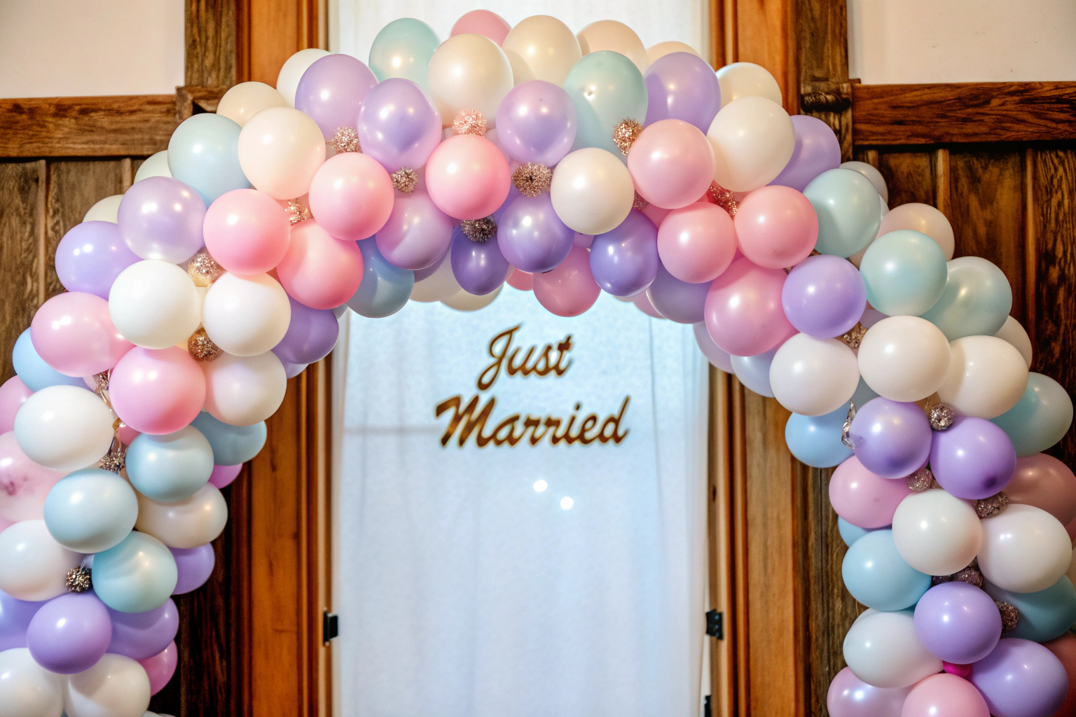 Detailaufnahme einer romantischen Ballon-Girlande mit 'Just Married' Schriftzug, perfekt für Hochzeiten. Romantische Ballon-Girlande mit 'Just Married' Schriftzug