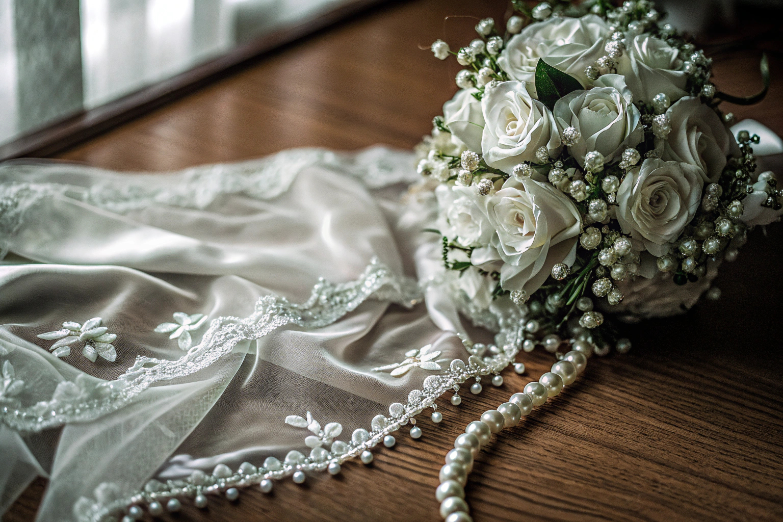 Detailaufnahme einer romantischen Hochzeitsdekoration mit weißen Blumen und Spitzenstoffen. Romantische Hochzeitsdekoration