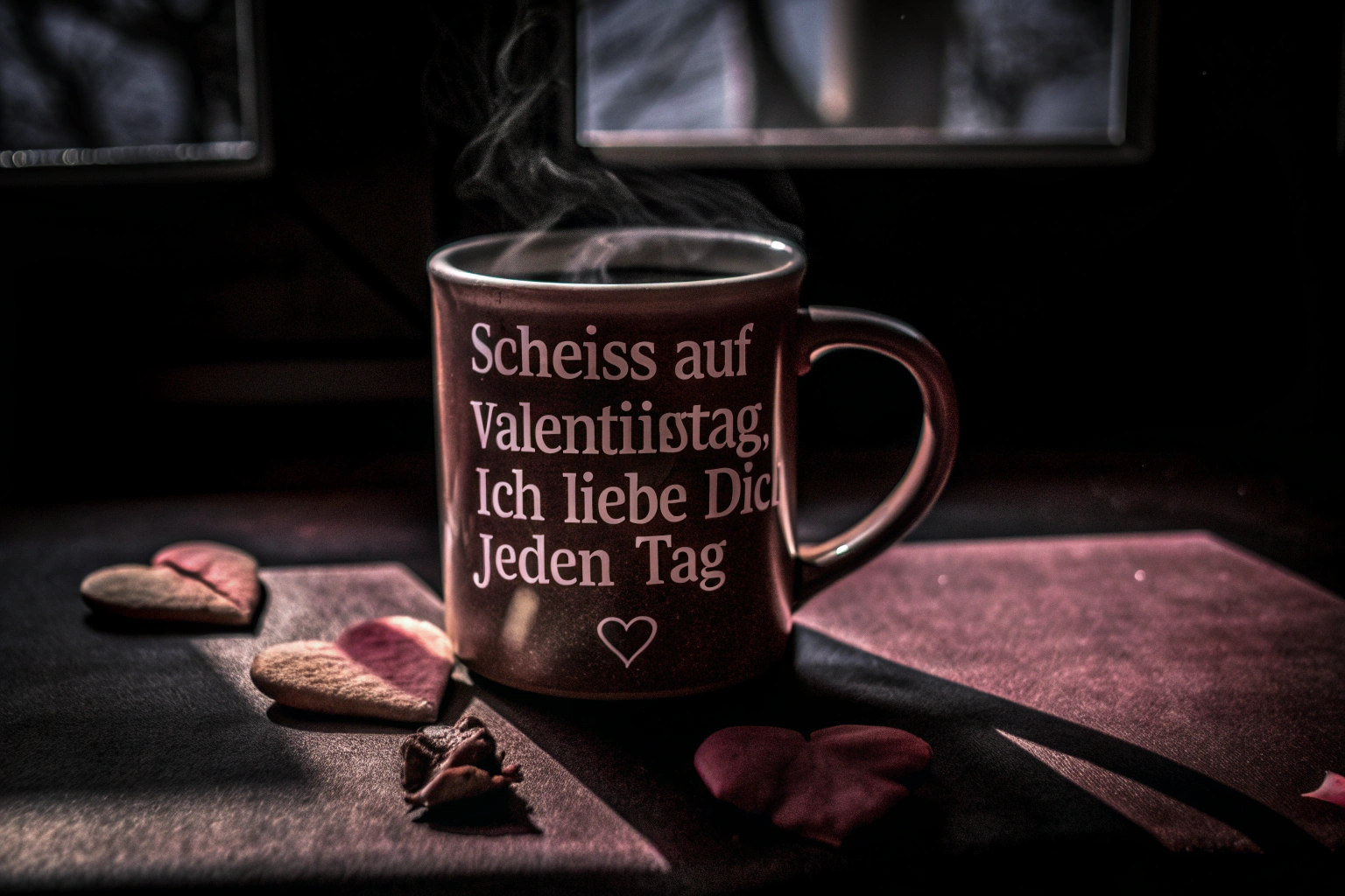 Detailaufnahme einer Tasse mit dem Spruch 'Scheiss auf Valentinstag. Ich liebe dich jeden Tag', perfekt für den täglichen Gebrauch. Tasse mit Spruch