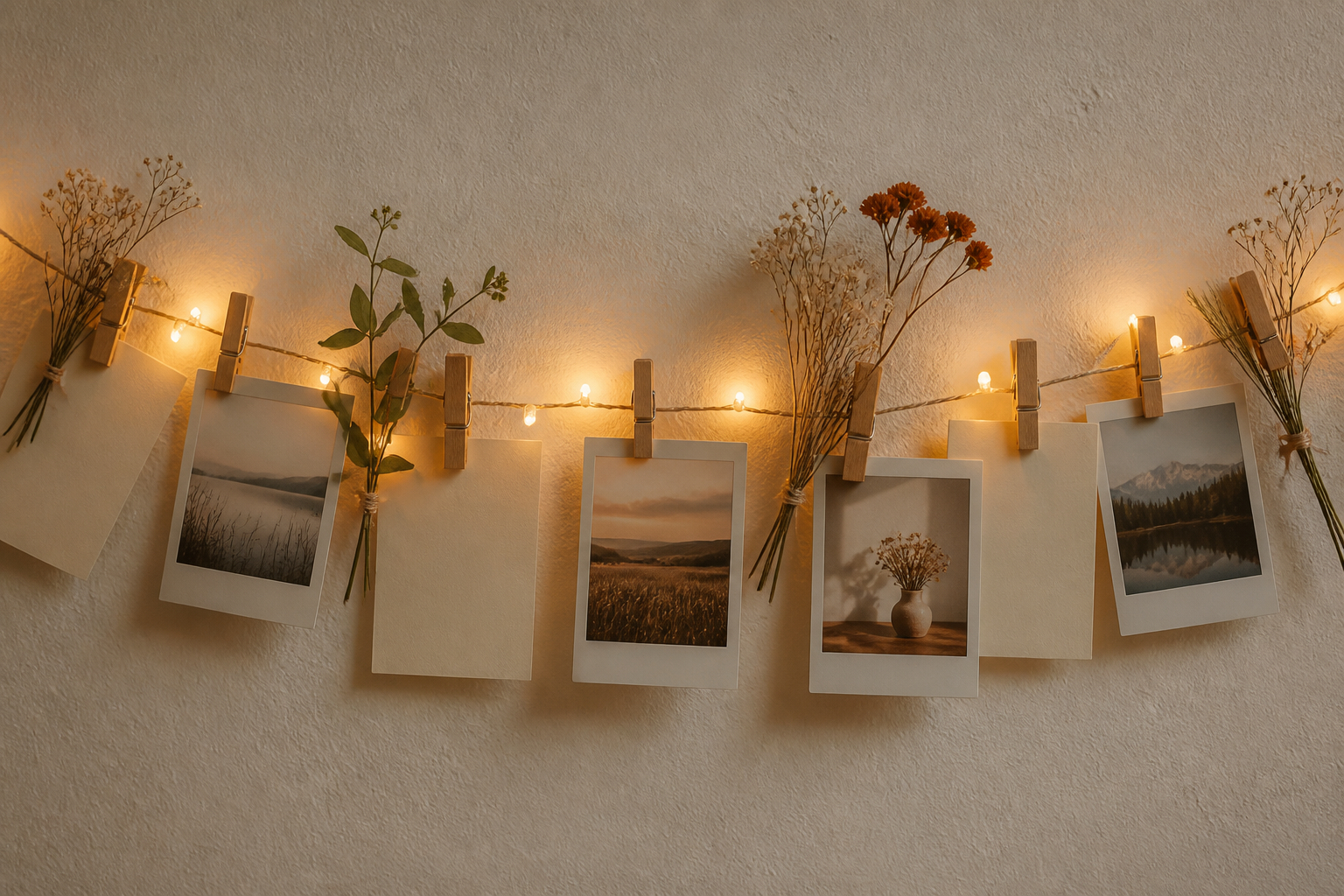 Fotoclips-Lichterkette mit Erinnerungsfotos an einer DIY-Fotowand