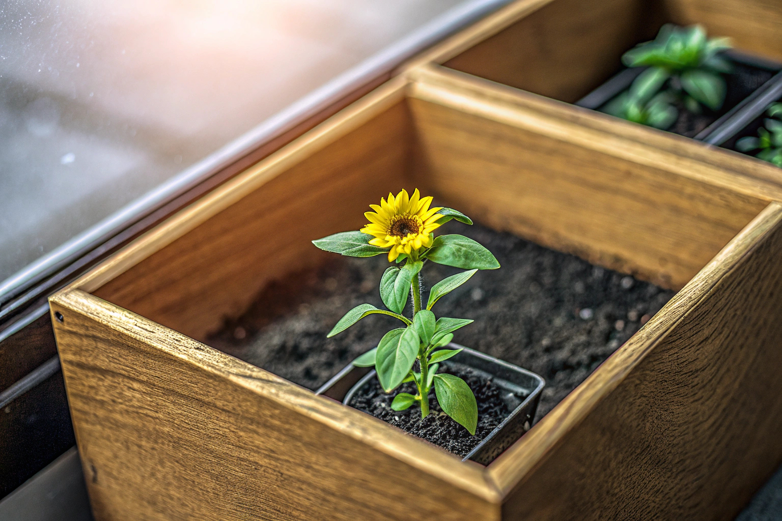 Detailaufnahme eines Anzuchtsets mit Sonnenblume in einem Holzwürfel. Anzuchtset mit Sonnenblume