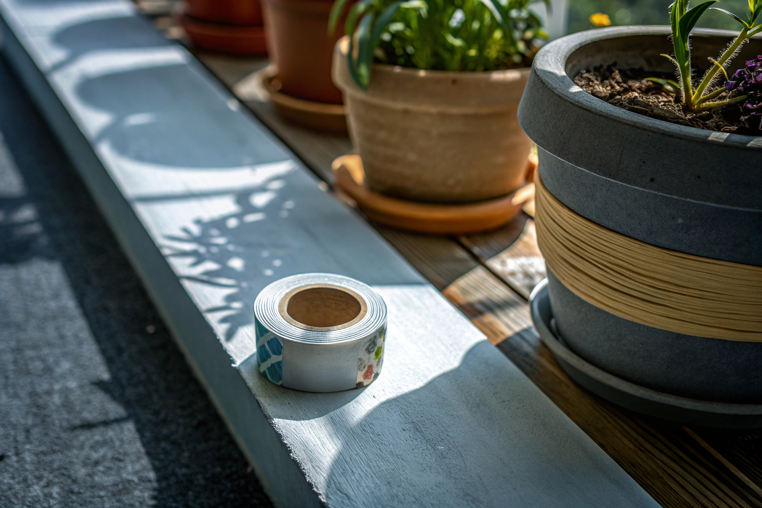 Detailaufnahme eines DIY-Projekts mit doppelseitigem Klebeband auf einem Balkon. DIY-Projekt auf dem Balkon mit Klebeband