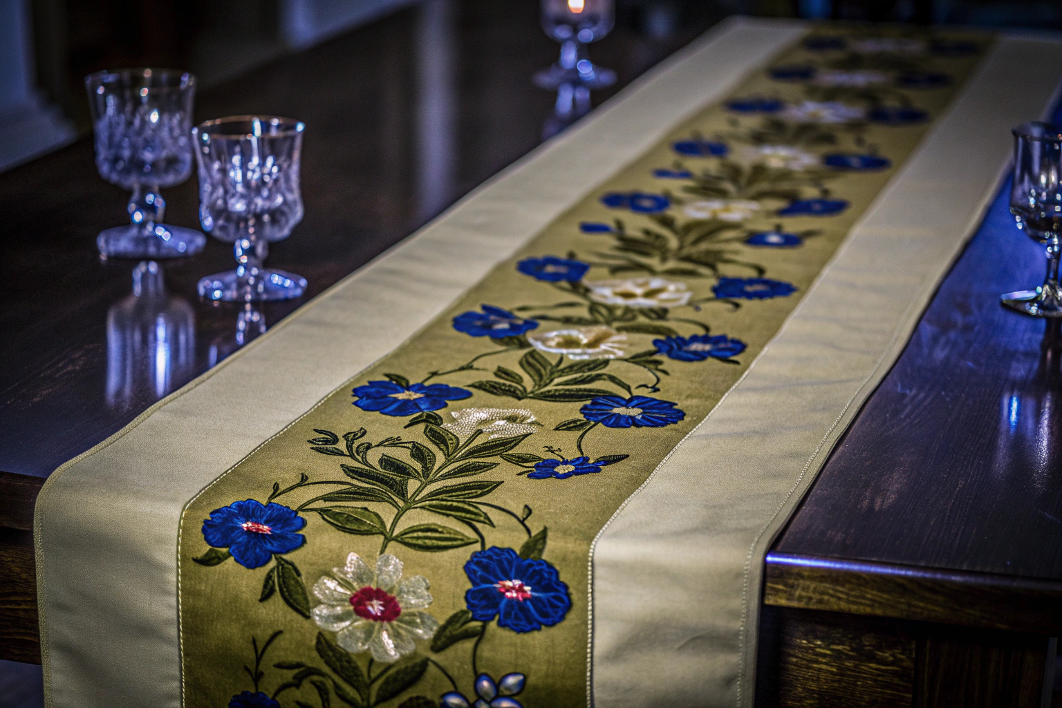 Detailaufnahme eines eleganten Tischläufers mit floralem Muster auf einem Esstisch. Floral gemusterter Tischläufer