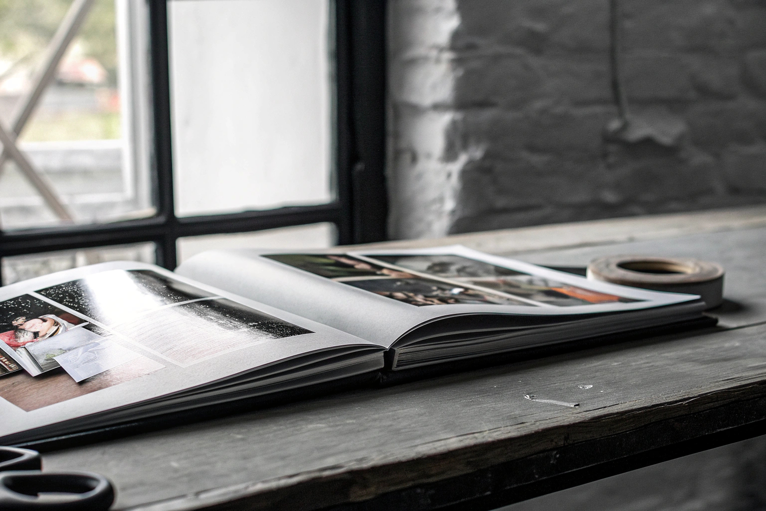 Detailaufnahme eines Fotobuches mit verschiedenen Seitenlayouts Verschiedene Seitenlayouts eines Fotobuches