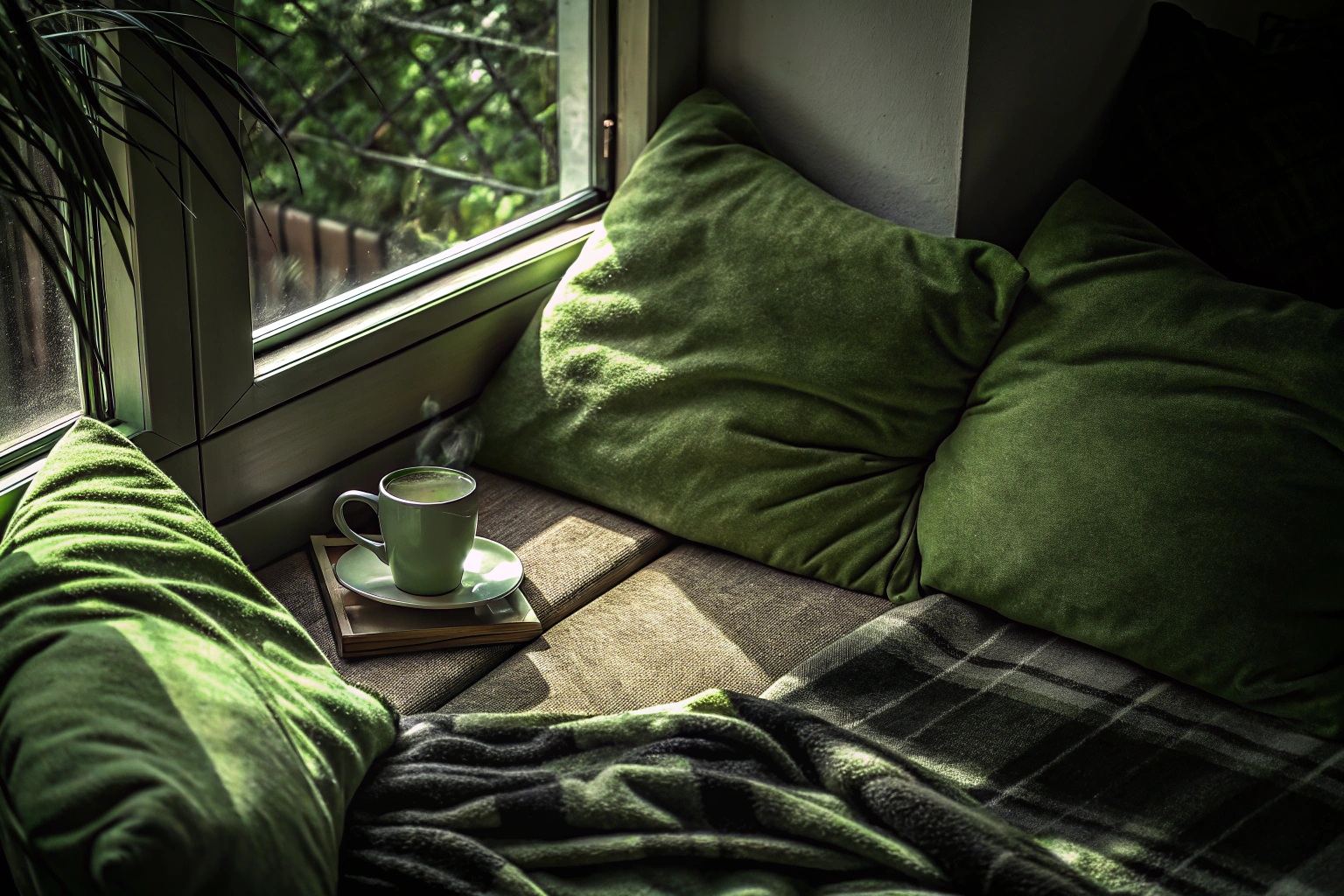 Detailaufnahme eines gemütlichen Lesebereichs mit Kissen, Decken und einer Tasse Tee. Gemütliche Wellness-Ecke mit Tee