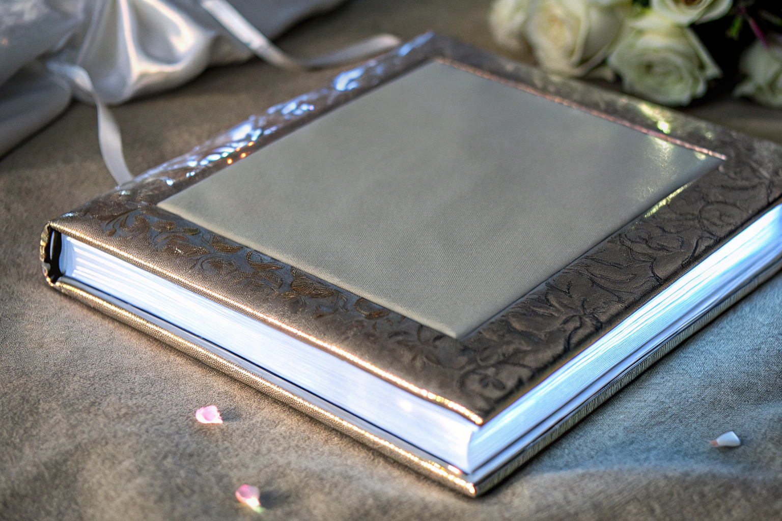 Detailaufnahme eines Hochzeitsalbums mit Roségoldprägung und elegantem Design. Elegantes Hochzeitsalbum mit Roségold