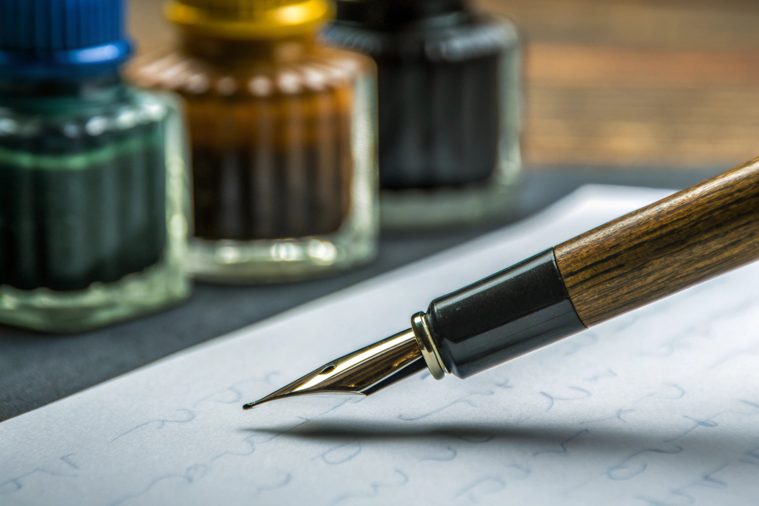 Detailaufnahme eines Kalligrafie-Sets mit Federkiel und Tinte. Kalligrafie Set mit Federkiel