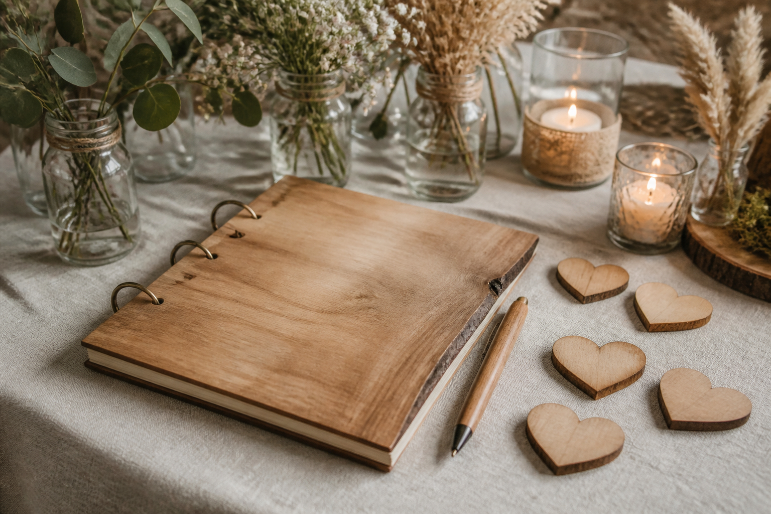 Holz Gästebuch Hochzeit mit Herzen zum Beschriften