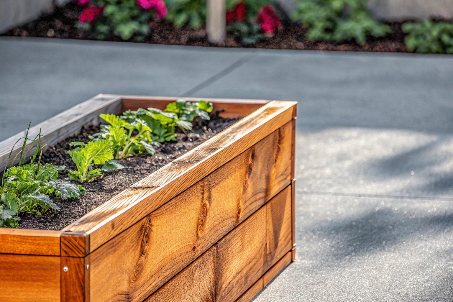 Detailaufnahme eines selbstgebauten Hochbeets aus recyceltem Holz, ideal für den Anbau von Kräutern und Gemüse. Selbstgebautes Hochbeet aus recyceltem Holz