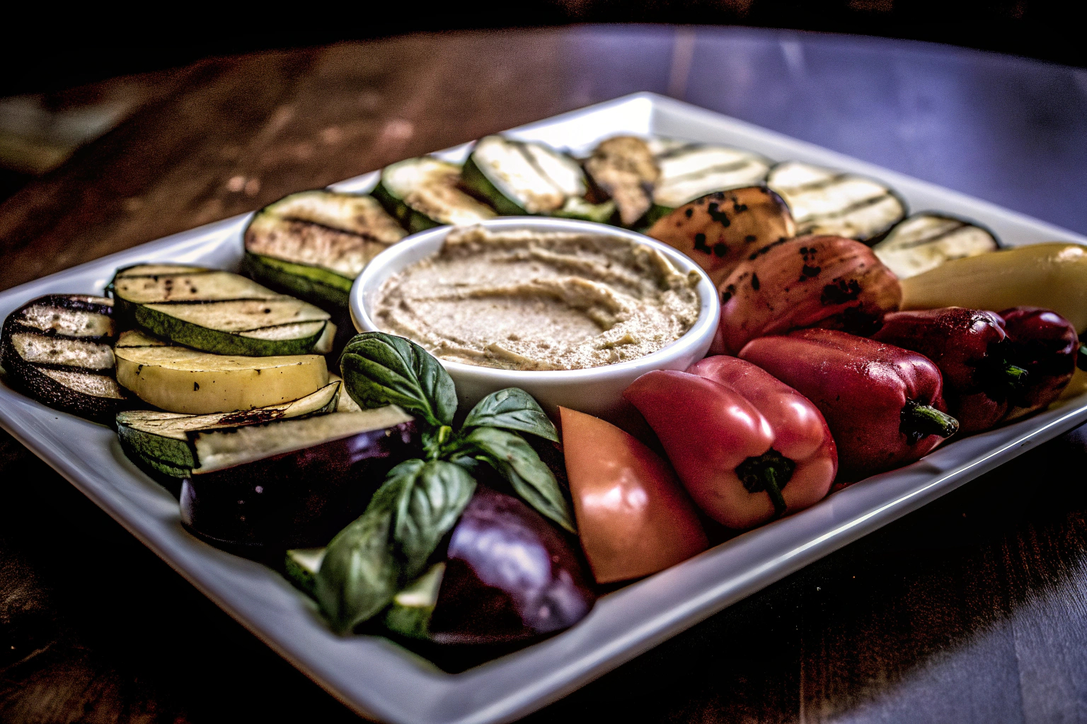 Detailaufnahme eines veganen Antipasti-Tellers mit gegrilltem Gemüse und Hummus. Veganer Antipasti-Teller