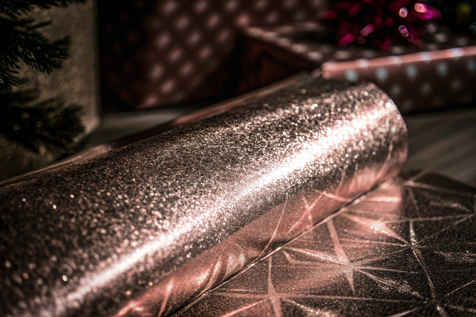 Detailaufnahme von gläzendem, metallischem Geschenkpapier in Gold, ideal für festliche Anlässe. Goldenes metallisches Geschenkpapier