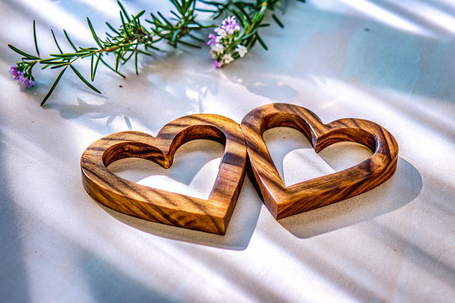 Detailaufnahme von verbundenen Holz-Herzen aus Olivenholz, die auf einem Tisch arrangiert sind. Verbundene Holz-Herzen aus Olivenholz