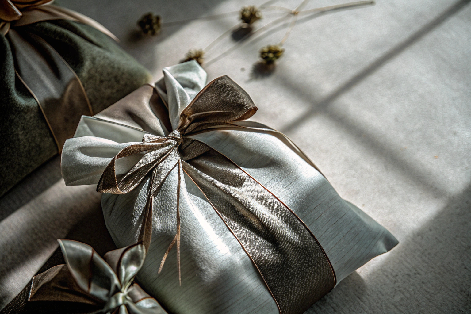 Detailaufnahme von wiederverwendbaren Geschenktüten mit eleganter Schleife. Wiederverwendbare Geschenktüten
