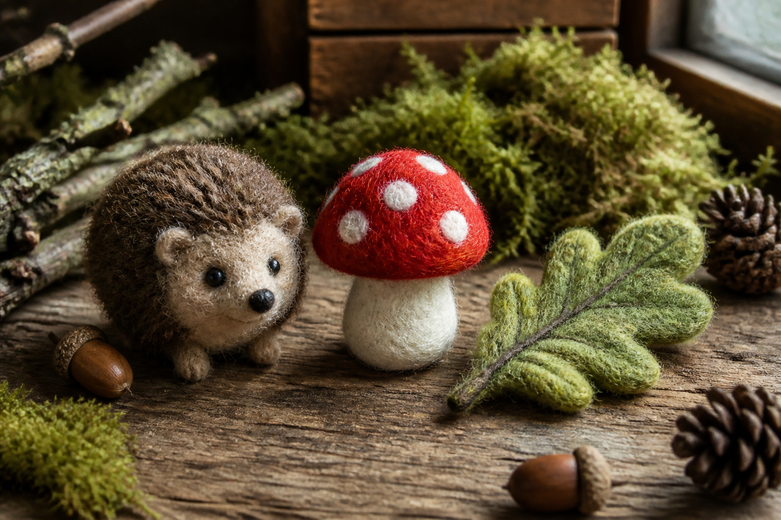 Handgefilzter Igel und Glückspilz als Walddeko