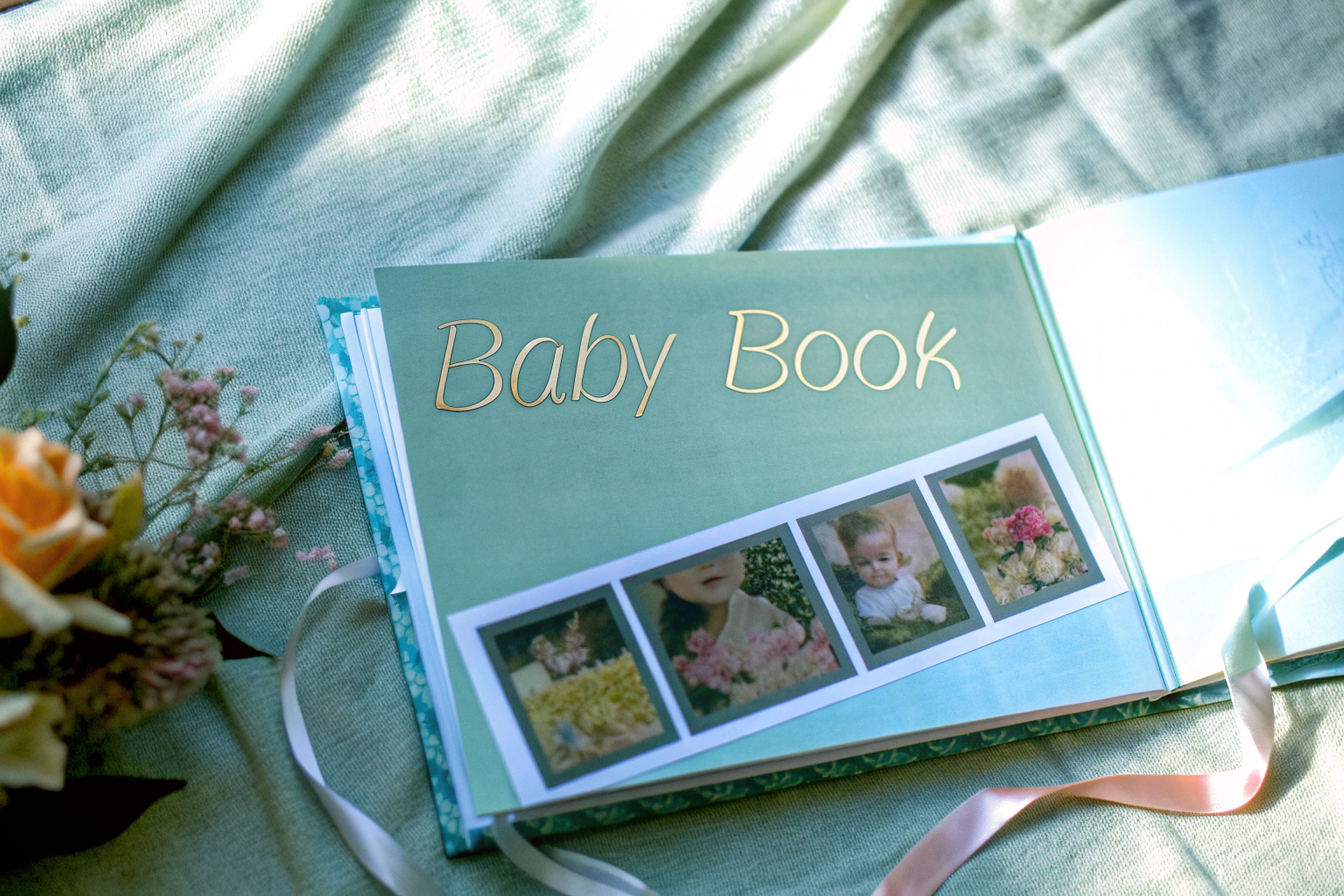 Ein Babybuch mit edler Goldfolienprägung, geöffnet und mit Fotos und Notizen gefüllt. Babybuch mit Goldprägung
