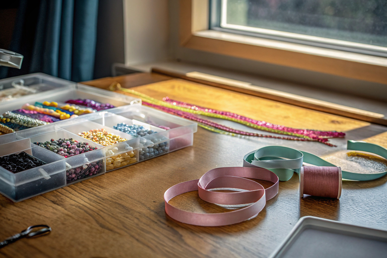 Ein Basteltisch mit verschiedenen Materialien wie Perlen, Bändern und Anhängern, die für DIY-Projekte verwendet werden. Basteltisch mit Materialien für DIY-Projekte