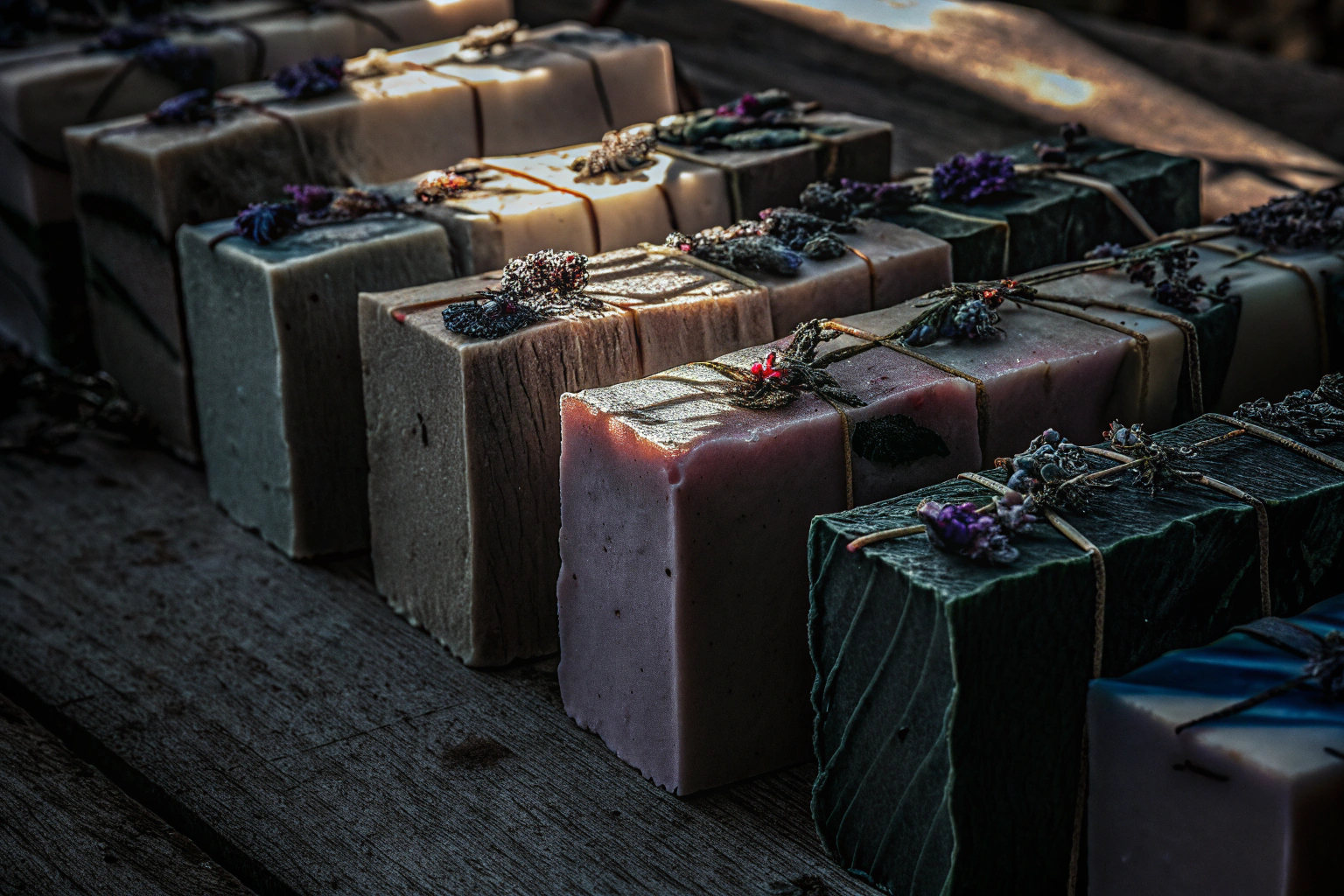 Ein Bild von verschiedenen handgemachten Seifen in bunten Farben mit getrockneten Blüten dekoriert. Handgemachte bunte Seifen mit Blüten