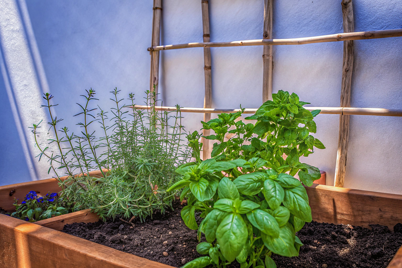 Ein blühender Kräutergarten mit verschiedenen Arten von Kräutern. Kräutergarten mit verschiedenen Kräutern