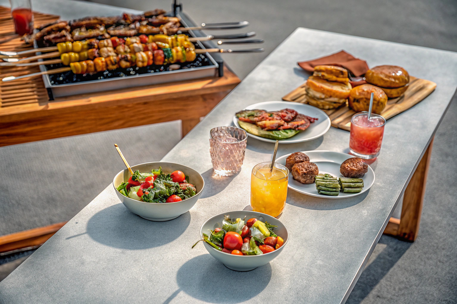 Ein bunt gedeckter Tisch mit Grillgerichten, Beilagen und Getränken. Bunt gedeckter Tisch mit Grillgerichten