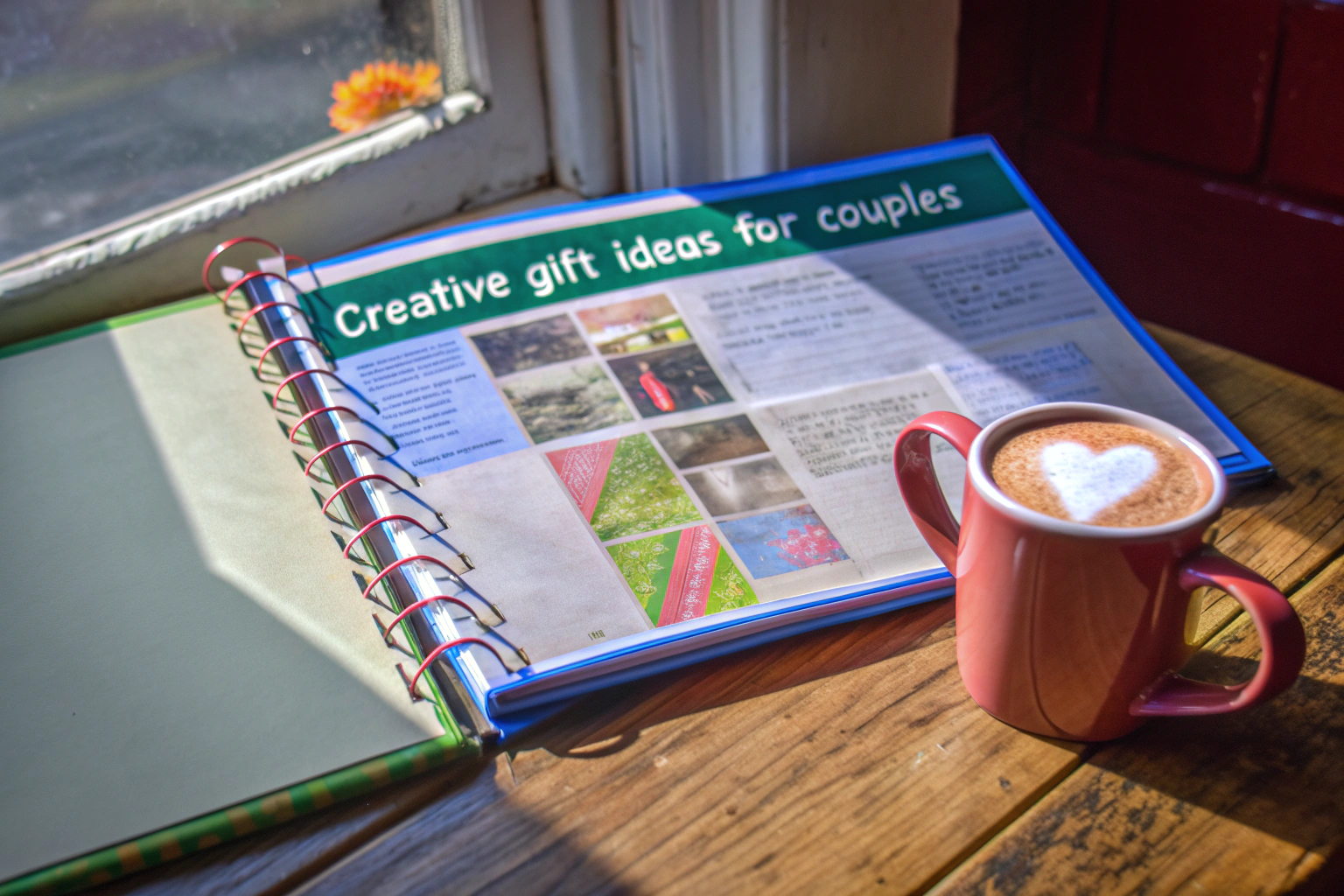 Ein charmantes Buch mit kreativen Ideen für Paare, auf einem Tisch mit einer Tasse Kaffee arrangiert. Buch mit kreativen Ideen für Paare
