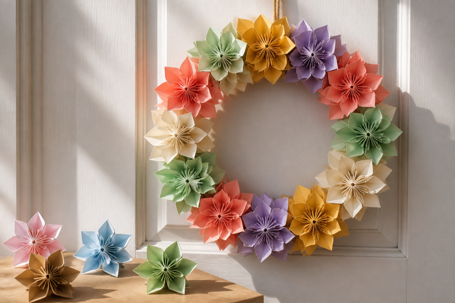 Modularer Origami-Papierkranz mit gefalteten Blüten