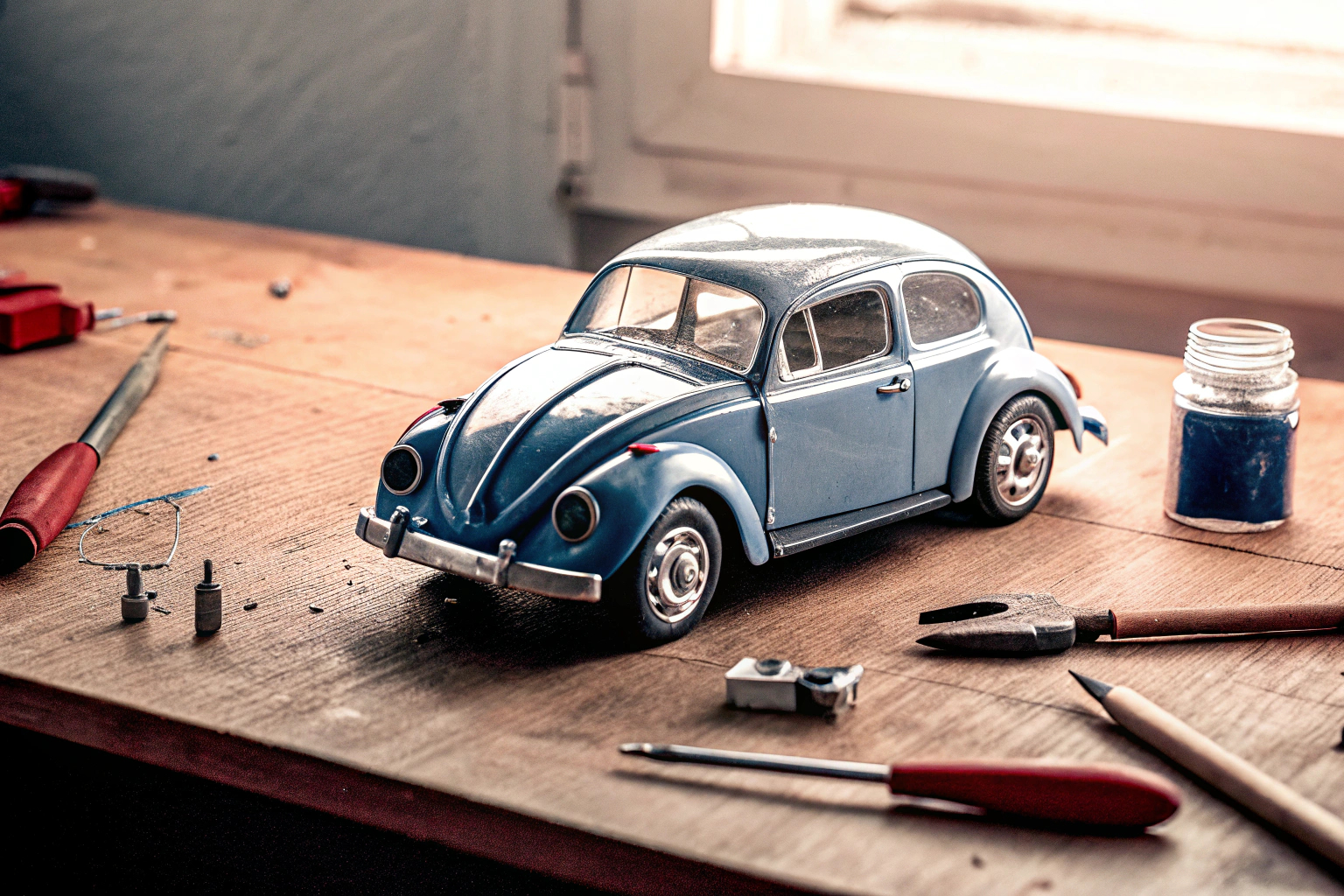 Ein detailgetreues Modell eines VW Käfers im Bauprozess. VW Käfer Modellbau