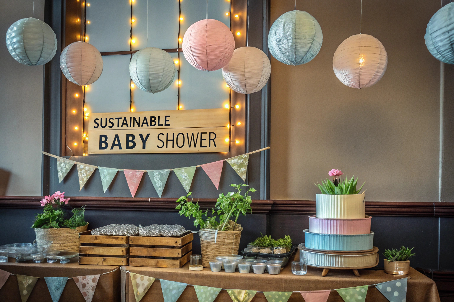 Ein festlich dekorierter Raum in Rosa für eine Babyshower mit Ballons und Bannern. Rosa Babyshower Dekoration