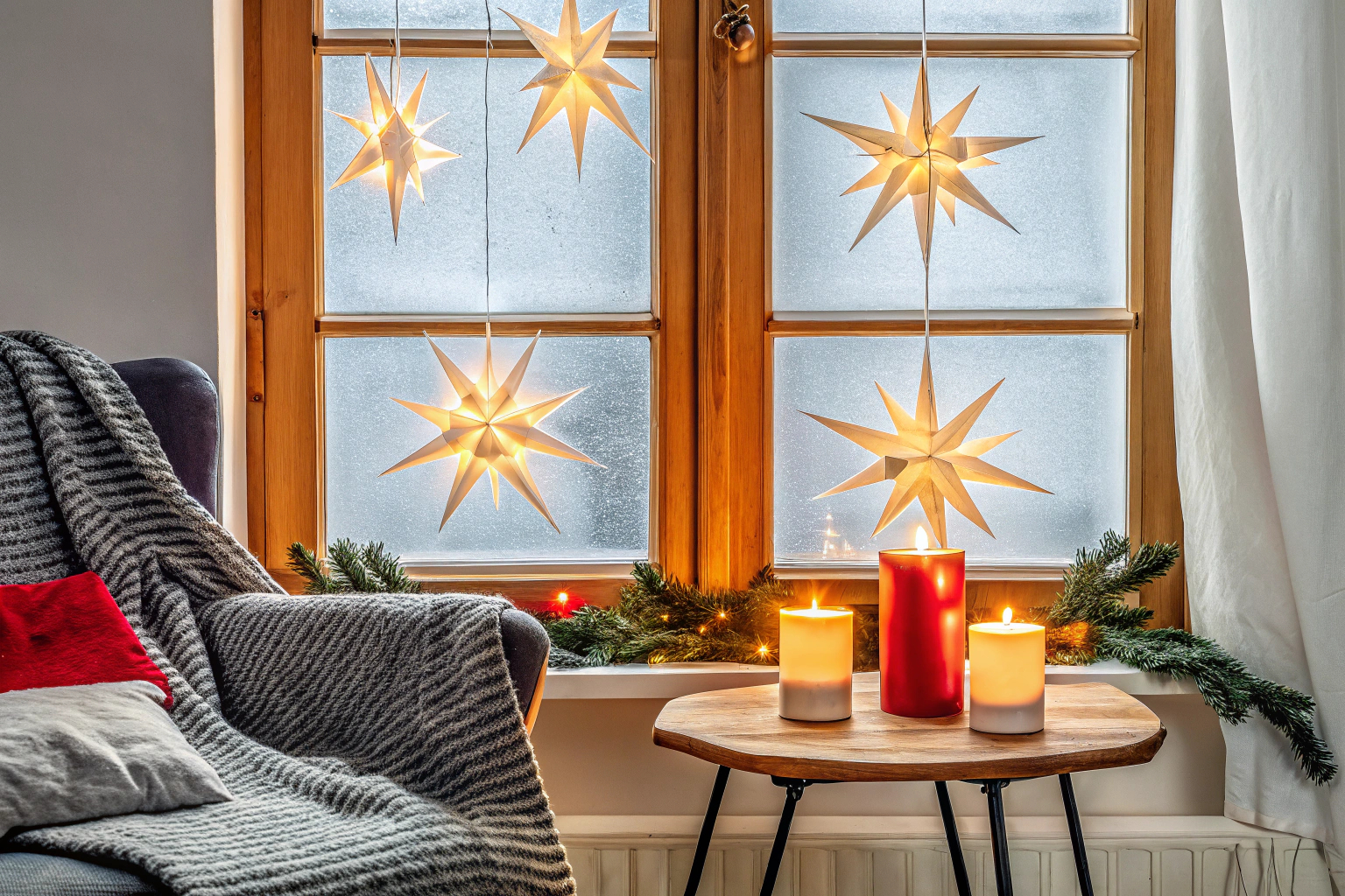 Festlich dekoriertes Wohnzimmer mit Fenstersternen