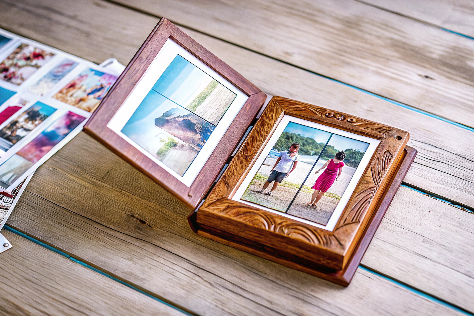 Ein Fotoalbum mit Holzcover und kunstvoller Hohlschnitzerei, aufgeschlagen und mit Fotos gefüllt. Holz-Fotoalbum
