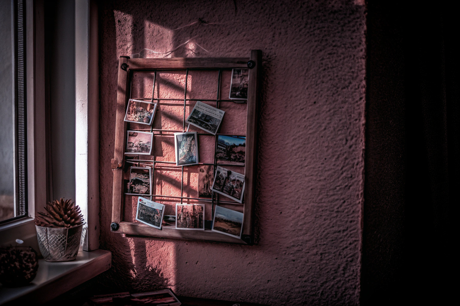 Ein Fotohalter mit mehreren Fotos und Postkarten an einer Wand. Fotohalter mit Fotos