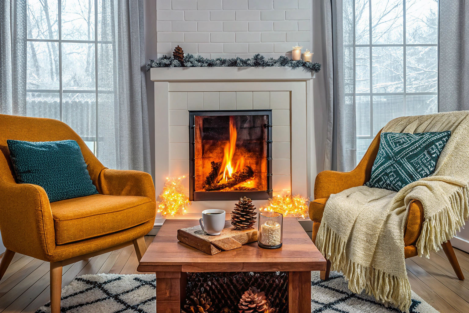 Ein gemütlich dekoriertes Wohnzimmer mit einem warmen Kamin und winterlichen Dekorationen. Gemütliches Wohnzimmer mit winterlichen Dekorationen