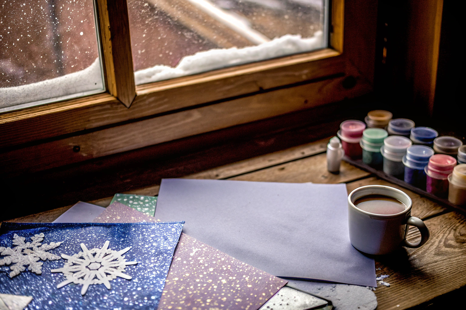 Ein gemütlicher Basteltisch mit verschiedenen Bastelmaterialien für den Winter, wie Papier, Farben und Glitter. Basteltisch mit Wintermaterialien